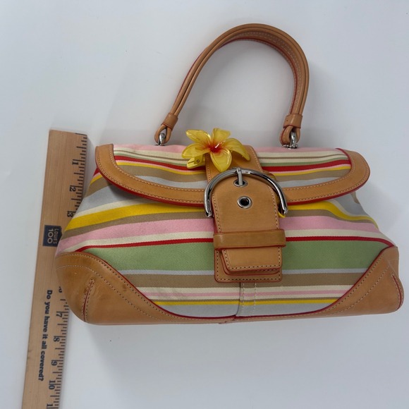 Coach Striped Canvas Leather Trim Shoulder Bag Flower Charm - Picture 10 of 10